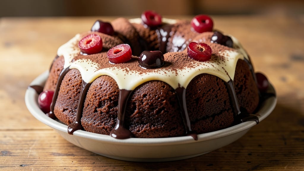 Cherry Cheesecake Chocolate Bundt Cake Recipe: Triple-Layered Swirl of Tart Cherries and Rich Ganache