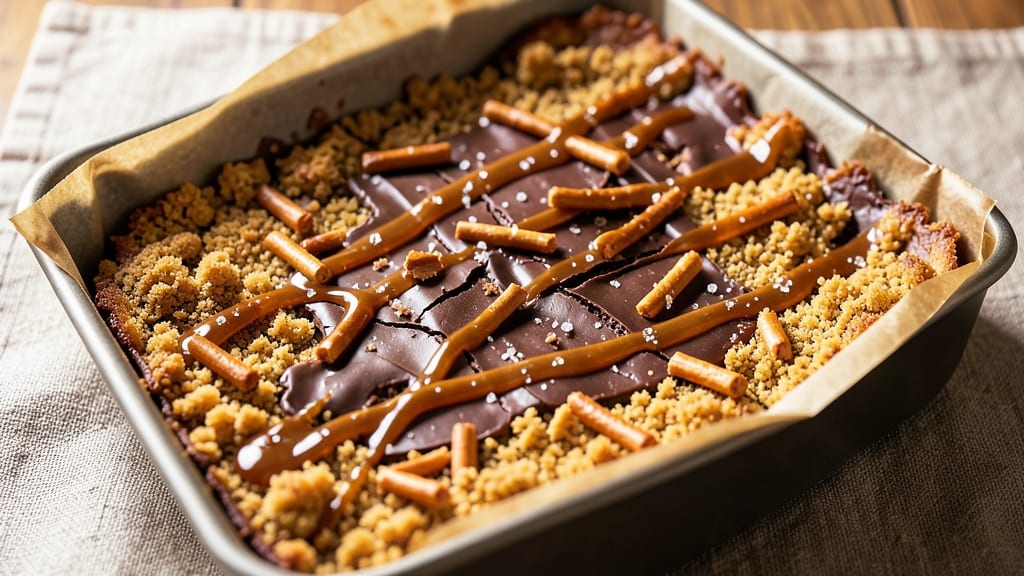 Caramel Chocolate Crunch Bars With Pretzels Recipe: Buttery Crunch and Salty-Sweet Magic