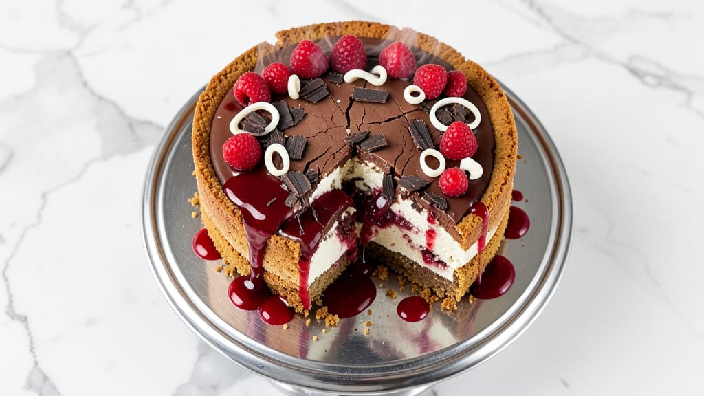 Cheesecake Factory Chocolate Raspberry Truffle Cheesecake Recipe: Dark Chocolate Ganache Rivers Over Raspberry Swirls