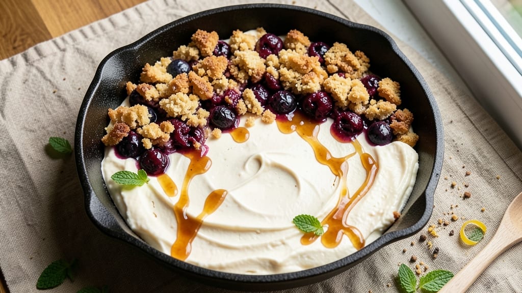 Blueberry Cobbler White Chocolate Cheesecake Recipe: Baked Cheesecake With Berry Burst and Crunchy Top