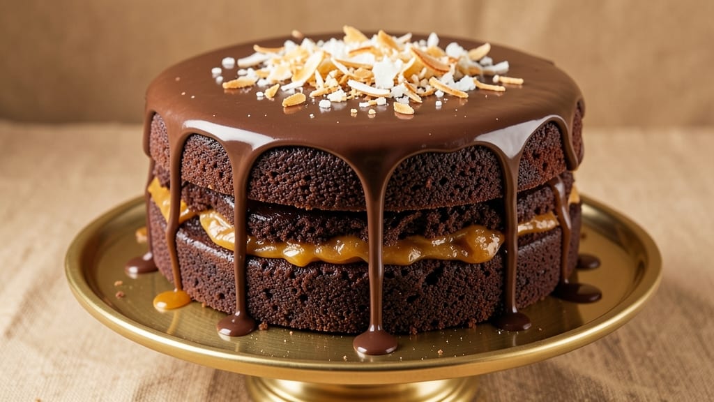 Bounty Chocolate Cake Recipe: Coconut-Crusted Layers with Gooey Caramel Centers